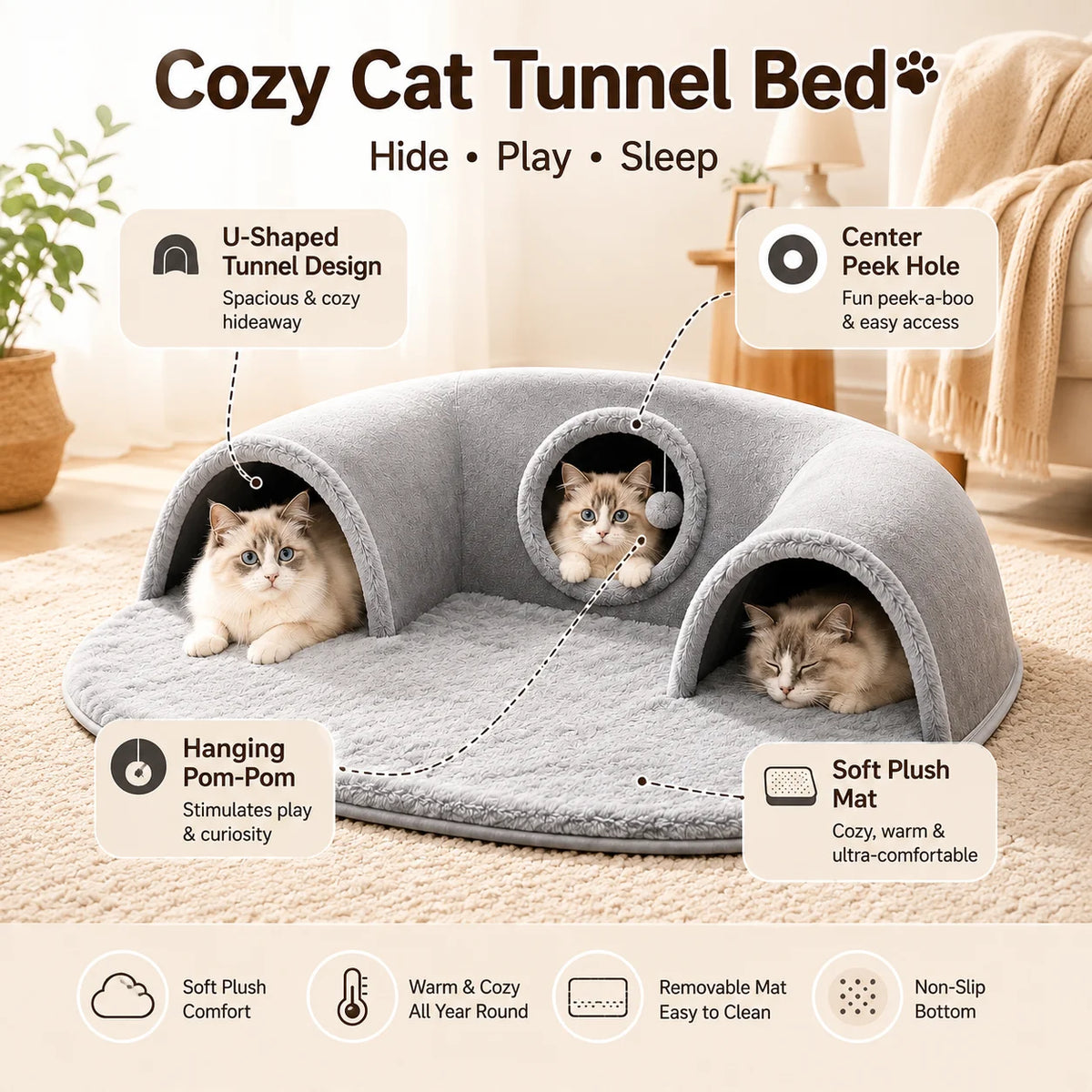 U-Shaped Cat Tunnel Bed, Detachable & Washable