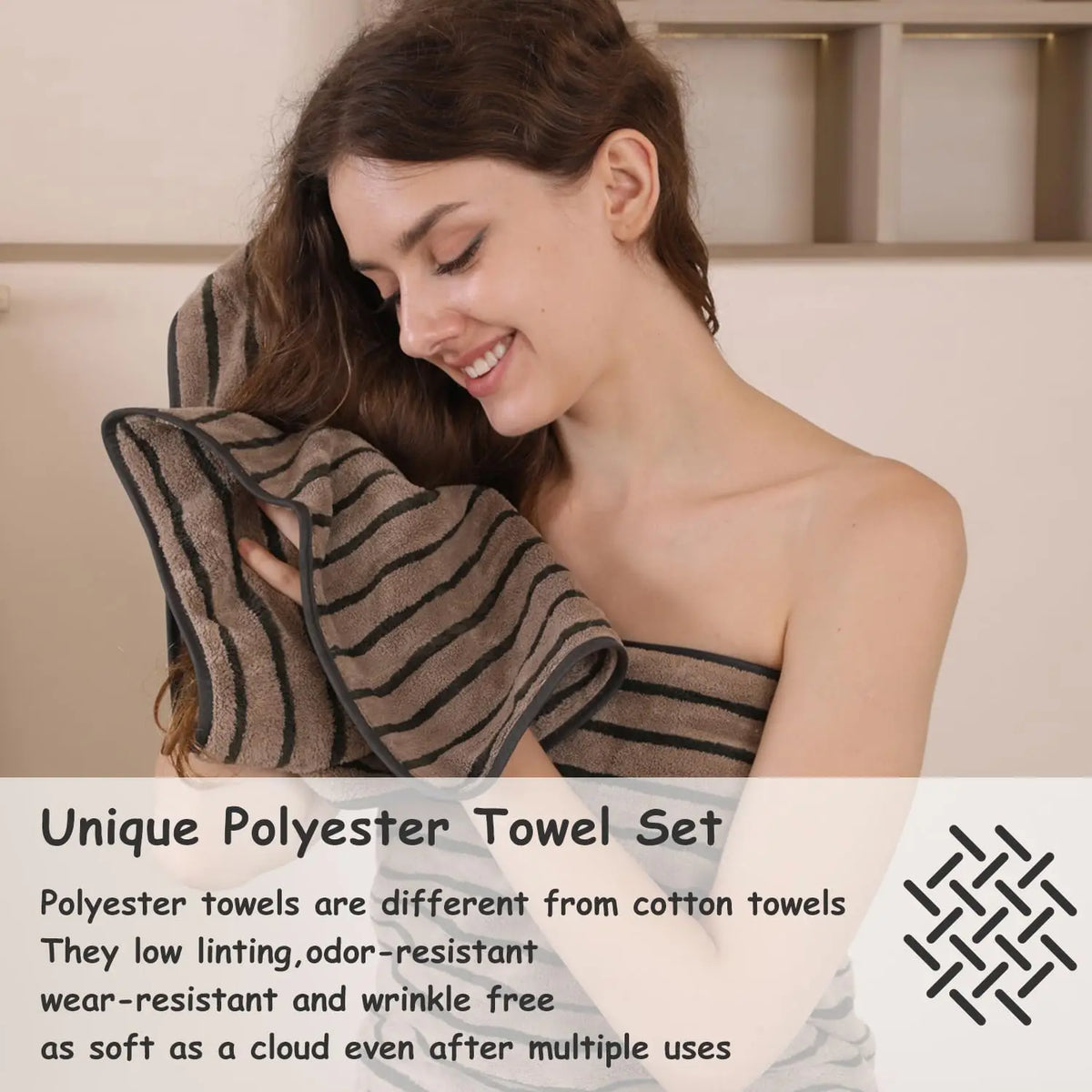 8 Pcs Polyester Brown Cabana Stripe Large Bath Towel Set-2 Bathroom