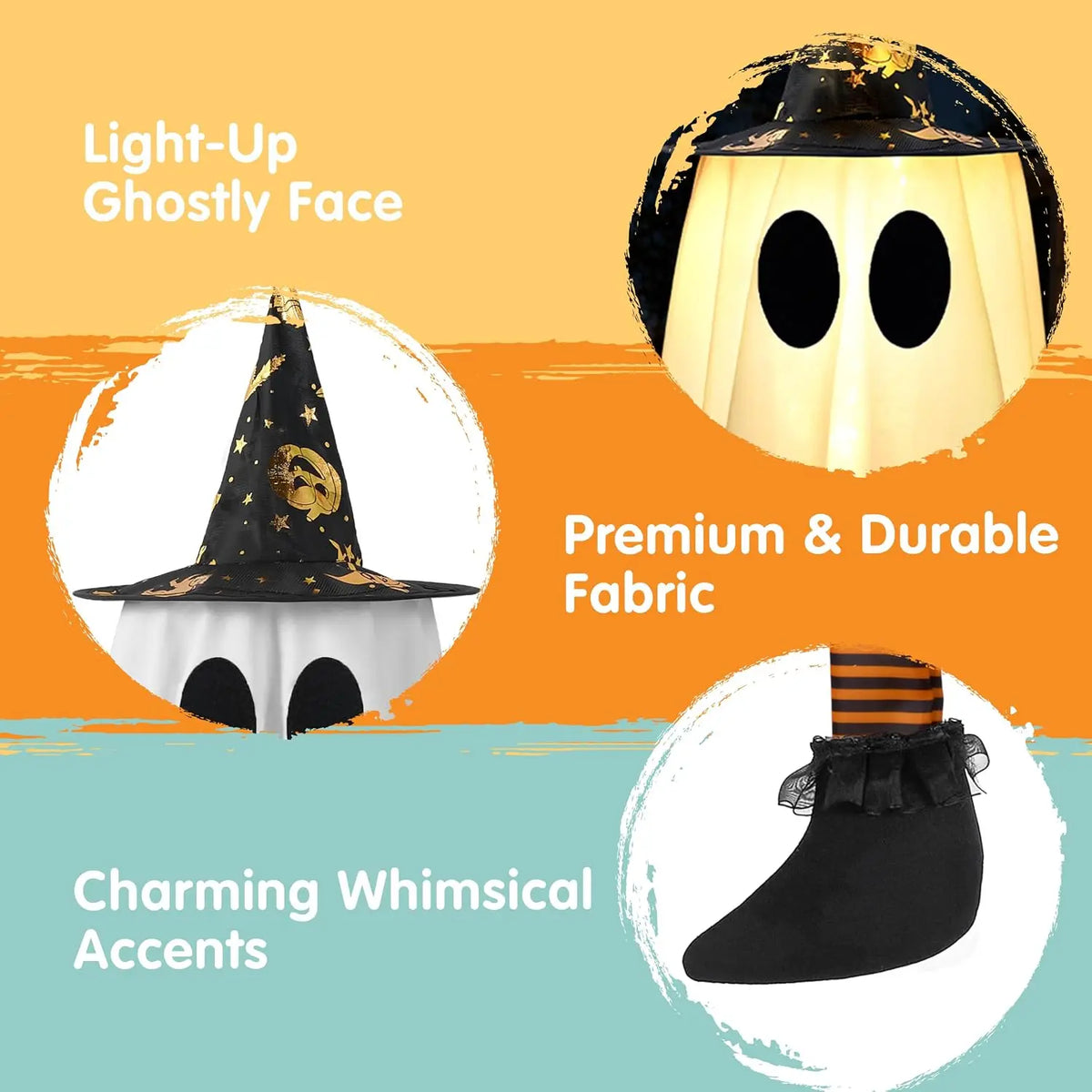 23.6'' 3Pcs Halloween Hanging Ghosts Decorations Outdoor, Warm Light Up Ghosts with Witch Hat & Timer, Flying Halloween Decorations for Yard Porch Lawn Party Supplies Tree Decor