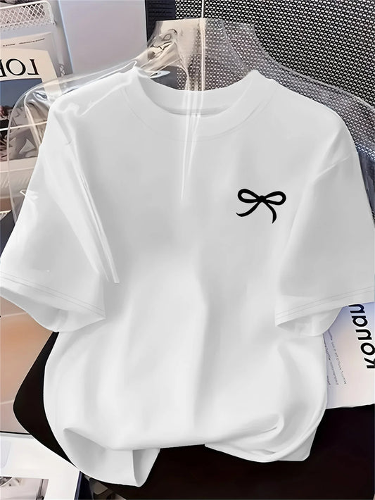 T-shirt noir imprimé nœud pour femme — Haut décontracté simple à manches courtes