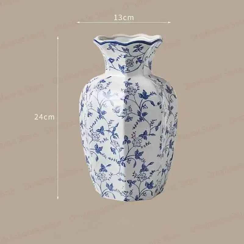 New Chinese Retro Blue and White Porcelain Vase, A Fresh and Elegant Living Room Floral Decoration Ornament Vases