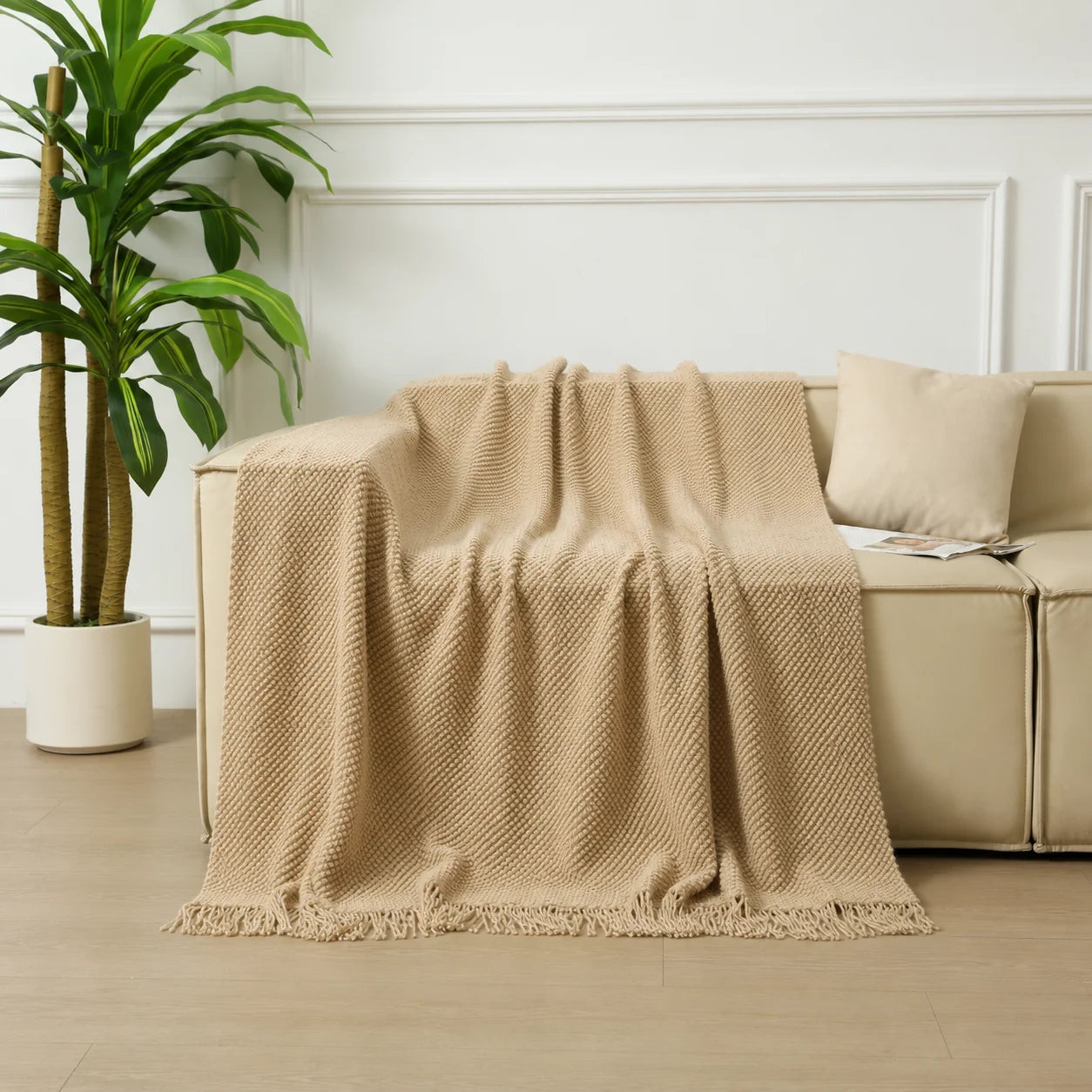 Dark Green Geometric Bobble Textured Knit Throw Blanket with Tassel Fringe, Soft Knitted Decorative Blanket, Lightweight Cozy Cover for Couch Sofa Bed, Boho Farmhouse Home Decor for Living Room Bedroom