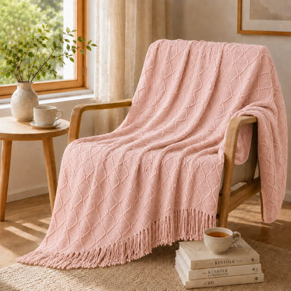 Sage Green Mixed Bobble Diamond Textured Knit Throw Blanket with Tassel Fringe, Soft Knitted Decorative Blanket, Lightweight Cozy Cover for Couch Sofa Bed, Boho Farmhouse Home Decor for Living Room Bedroom