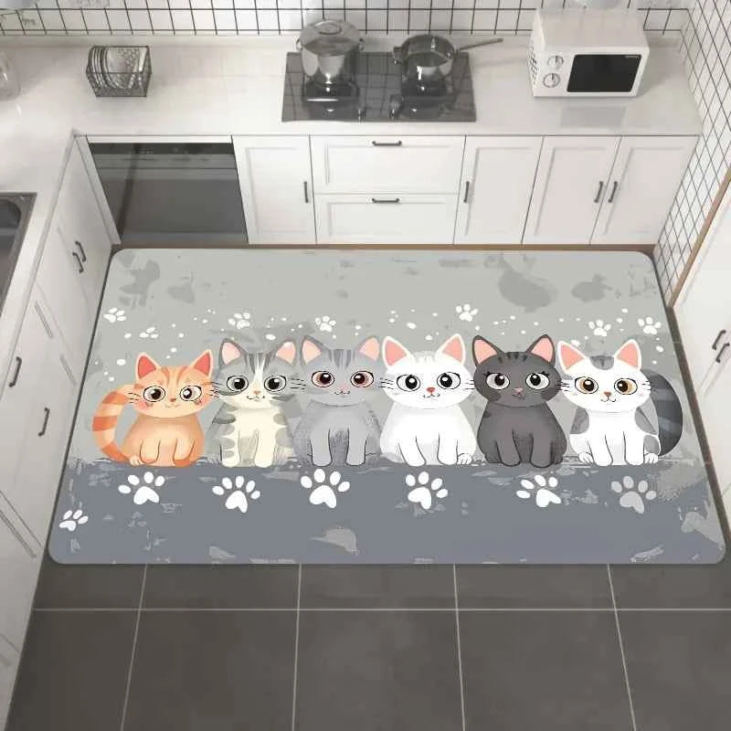 VIKAMA 1/2PCS Kitchen Floor Mat Cute Kitten Anti-Slip Water-Absorbing Entrance Door Bathroom Entrance Floor Mat Home Decoration