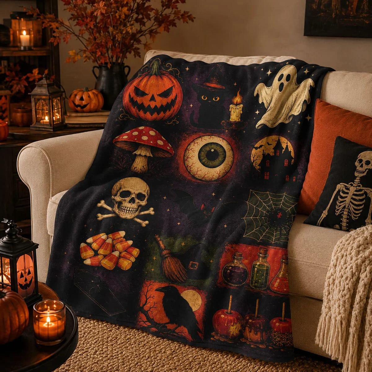 Vintage Spooky Halloween Patchwork Blanket Pumpkin Ghost Skull Gothic Room Decor Cozy Throw JDOH18