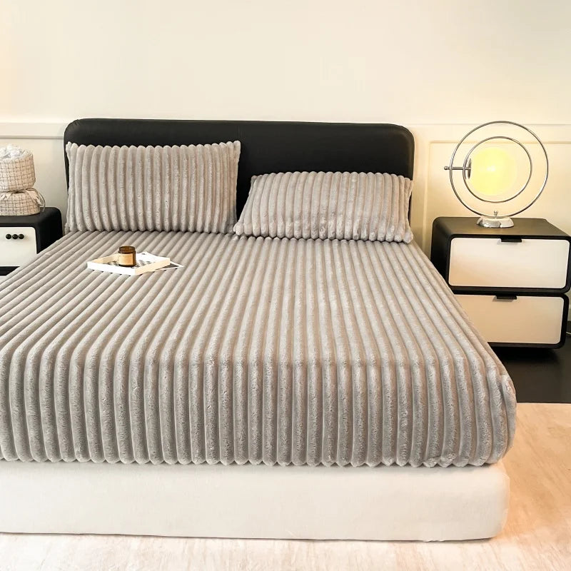 Striped Plush Fitted Sheet, Cozy Fluffy Mattress Cover