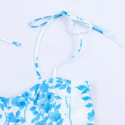Women Blue Print Cami Dress 2026 Summer Sexy Sashes Bow Midi Dress Beach Holiday Long Fashion Female Vestidos