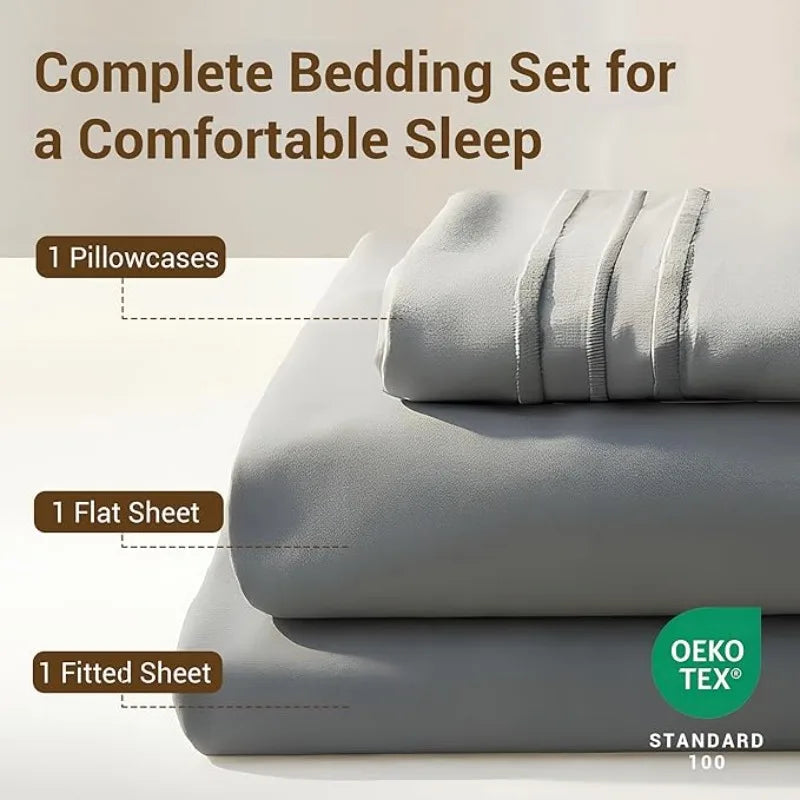 Bed Sheet Set - Extra Deep Pocket, Double Brushed Microfiber, Soft & Dry Touch, Stay in Place, Wrinkle Free, Stain & Fade Resistant Bedding(1 Pc Sheet + 1 Pcs Fitted Sheet + 1/2 Pcs Pillowcase)