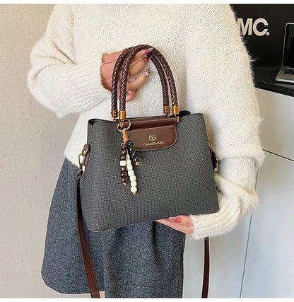 Dark Khaki Faux Leather Tote, Braided Handle & Wood Beads