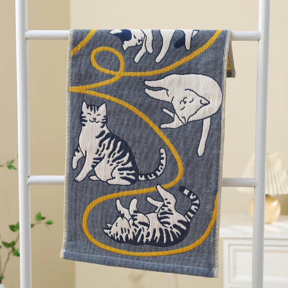 Cartoon Cat Face Towels 34x74cm Soft Bath Towel Absorbent 3 Layer Cotton