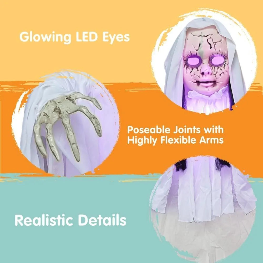 43" Outdoor Halloween Decoration, Scary Girl Hanging Ghost Decor Sound Activated with Light-up Head for Yard, Patio, Haunted House Lawn Garden,Halloween voice control glowing sound standing swaying ghost