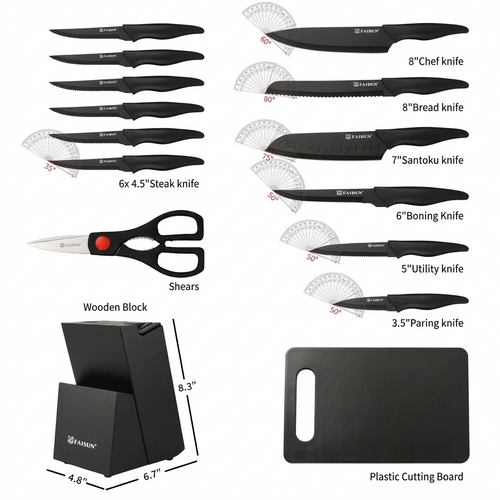 15+1 Pieces Professional Kitchen Knife Set with Plastic Cutting Board and Kitchen Shears and Non-slip PP Handle