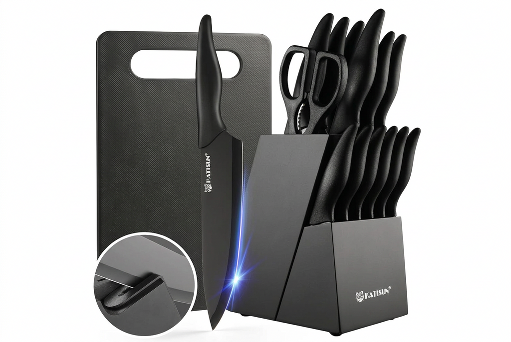 15+1 Pieces Professional Kitchen Knife Set with Plastic Cutting Board and Kitchen Shears and Non-slip PP Handle
