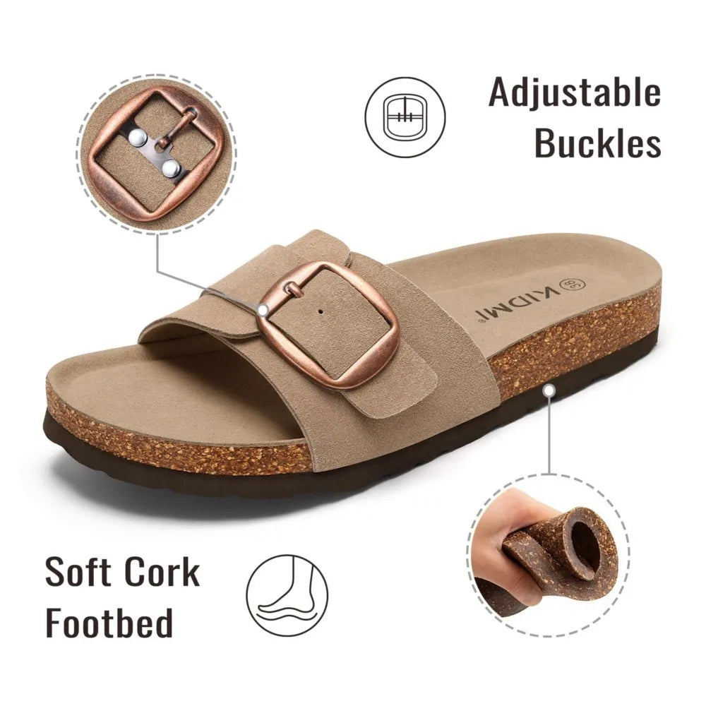 Crestar Women's Genuine Suede Cork Footbed Sandals – Adjustable Buckle Flat Slippers