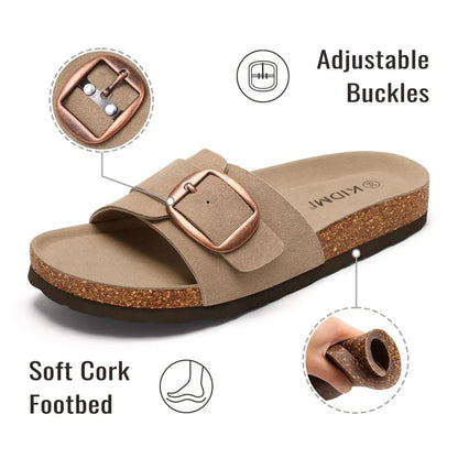 Crestar Women's Genuine Suede Cork Footbed Sandals – Adjustable Buckle Flat Slippers