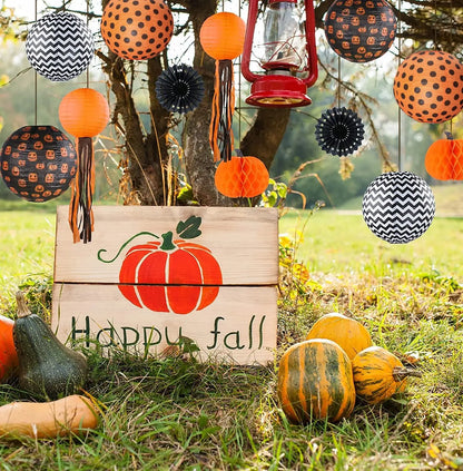12 Pack Halloween Paper Lantern Pumpkin Set, Black Orange