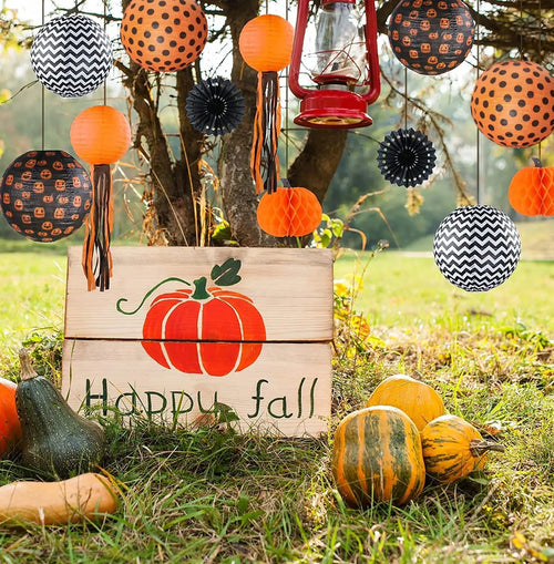 12 Pack Halloween Paper Lantern Pumpkin Set, Black Orange