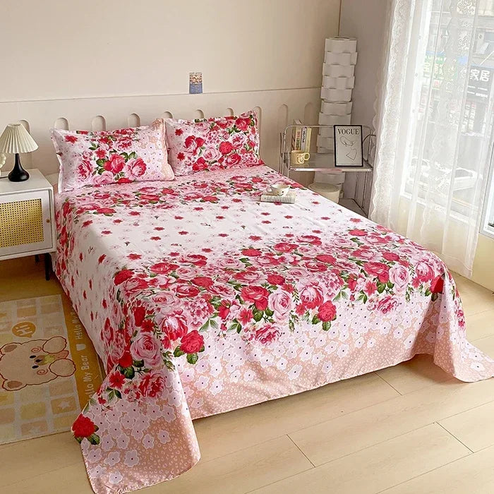 Red Floral Printed Flat Bed Sheet | Single-King