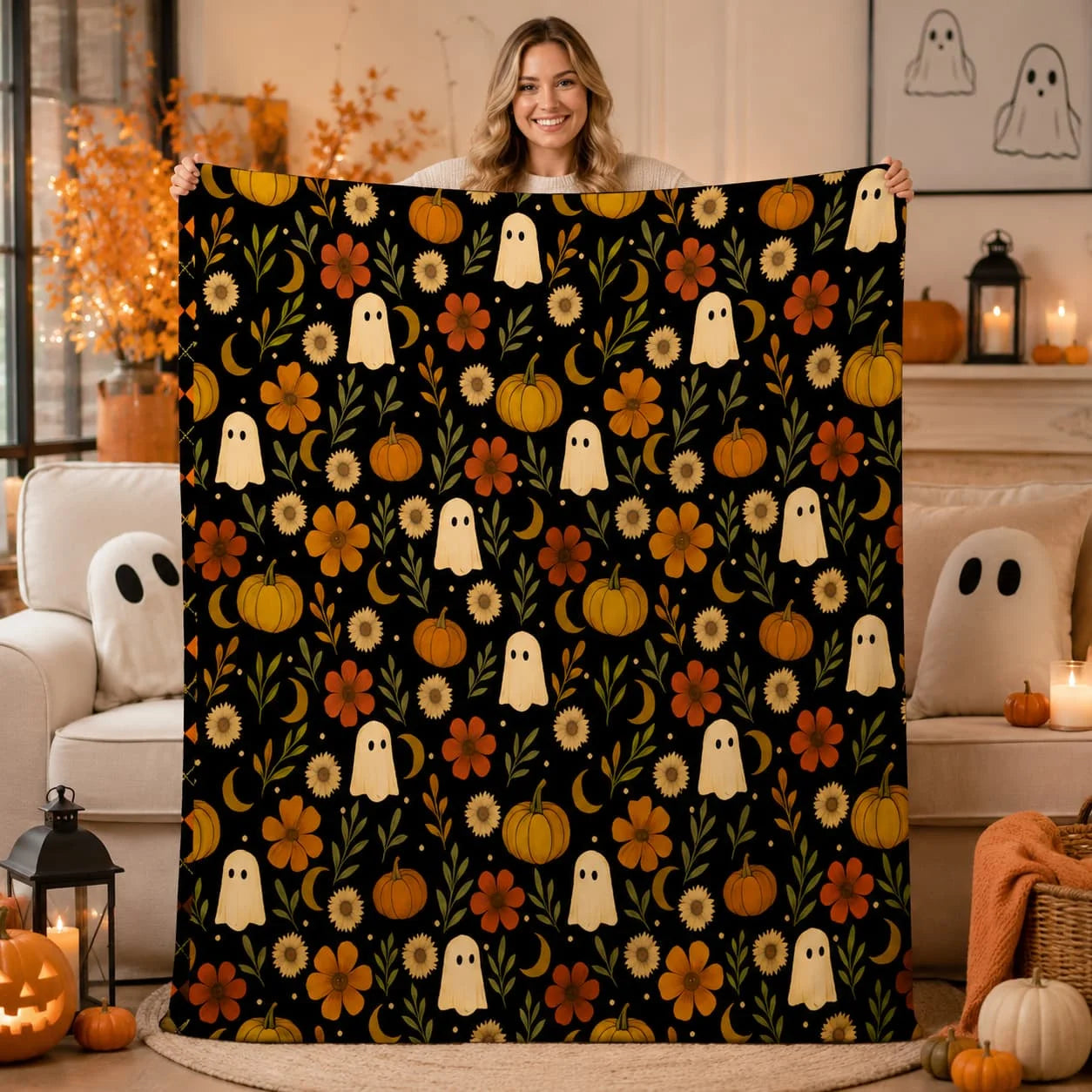 Halloween Ghosts and Pumpkins Velveteen Throw Blanket, Summerween Blanket