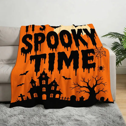 Halloween Fleece Throw Blanket Soft Cozy Large Orange Black Spooky Graphics IT's SPOOKY TIME Bats Full Moon Haunted Mansion Tree Spiderweb Graveyard for Sofa Couch Decor