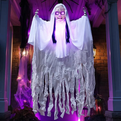 43" Outdoor Halloween Decoration, Scary Girl Hanging Ghost Decor Sound Activated with Light-up Head for Yard, Patio, Haunted House Lawn Garden,Halloween voice control glowing sound standing swaying ghost