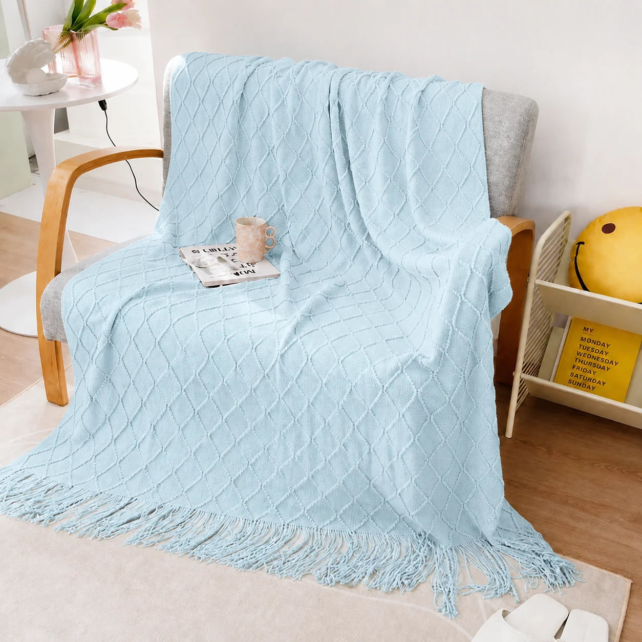 Sage Green Diamond Knit Throw Blanket with Tassels