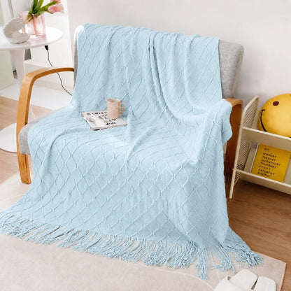 Sage Green Diamond Knit Throw Blanket with Tassels