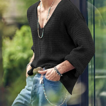 Men's Luxury Knit V-Neck Long Sleeve T-Shirt — Solid Color Hollow Out Loose Streetwear Tee