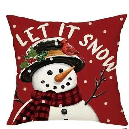 Red Christmas Pillow Cover 45x45cm with Snowman Deer Pattern，Holiday Cushion Case for Living Room Sofa Bedroom