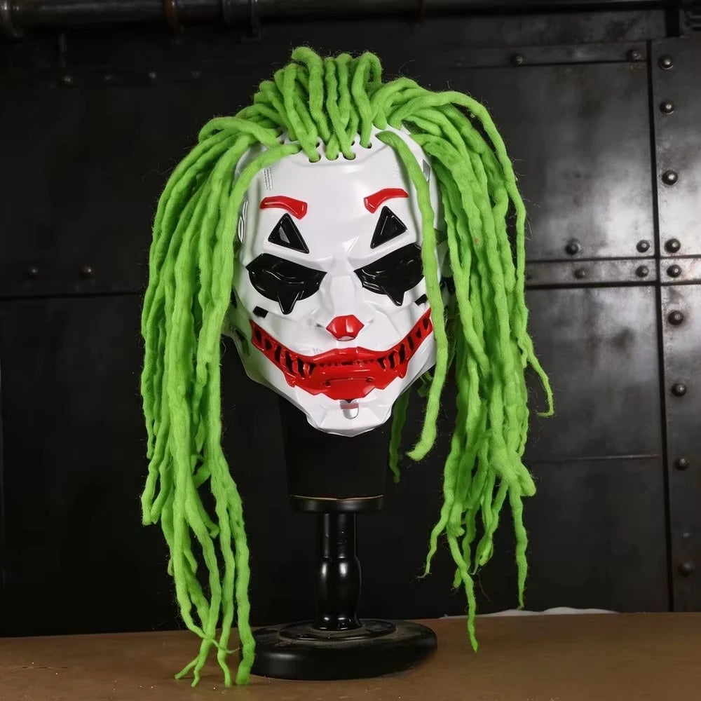 Cyberpunk Clown Mask with Green Hair Halloween Party Masquerade Costume Prop Scary Cosplay Accessories for Adults