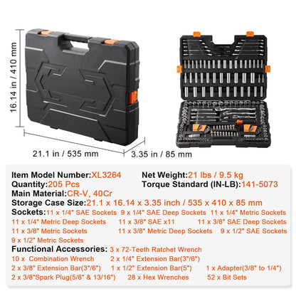 Mechanics Tool Set and Socket Set 1/4" 3/8" 1/2" Drive Deep Standard Sockets 450 Pcs SAE and Metric Mechanic Tool Kit