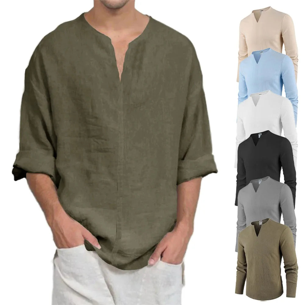 Men's Cotton Linen V-Neck Long Sleeve T-Shirt — Casual Solid Color Breathable Cozy Top
