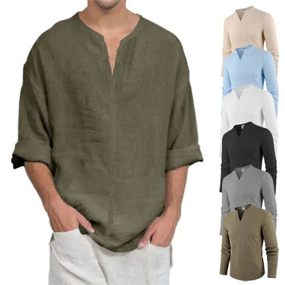 Men's Cotton Linen V-Neck Long Sleeve T-Shirt — Casual Solid Color Breathable Cozy Top