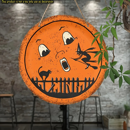 flat Halloween round wooden sign - ghost witch, black cat and full moon - Halloween decoration, no power required