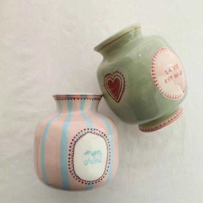 Cute Candy Color Ceramic Vase Handprint Pattern Stripe Letters Bud Vase Durable Fashion Household Decoration Tabletop Flowerpots