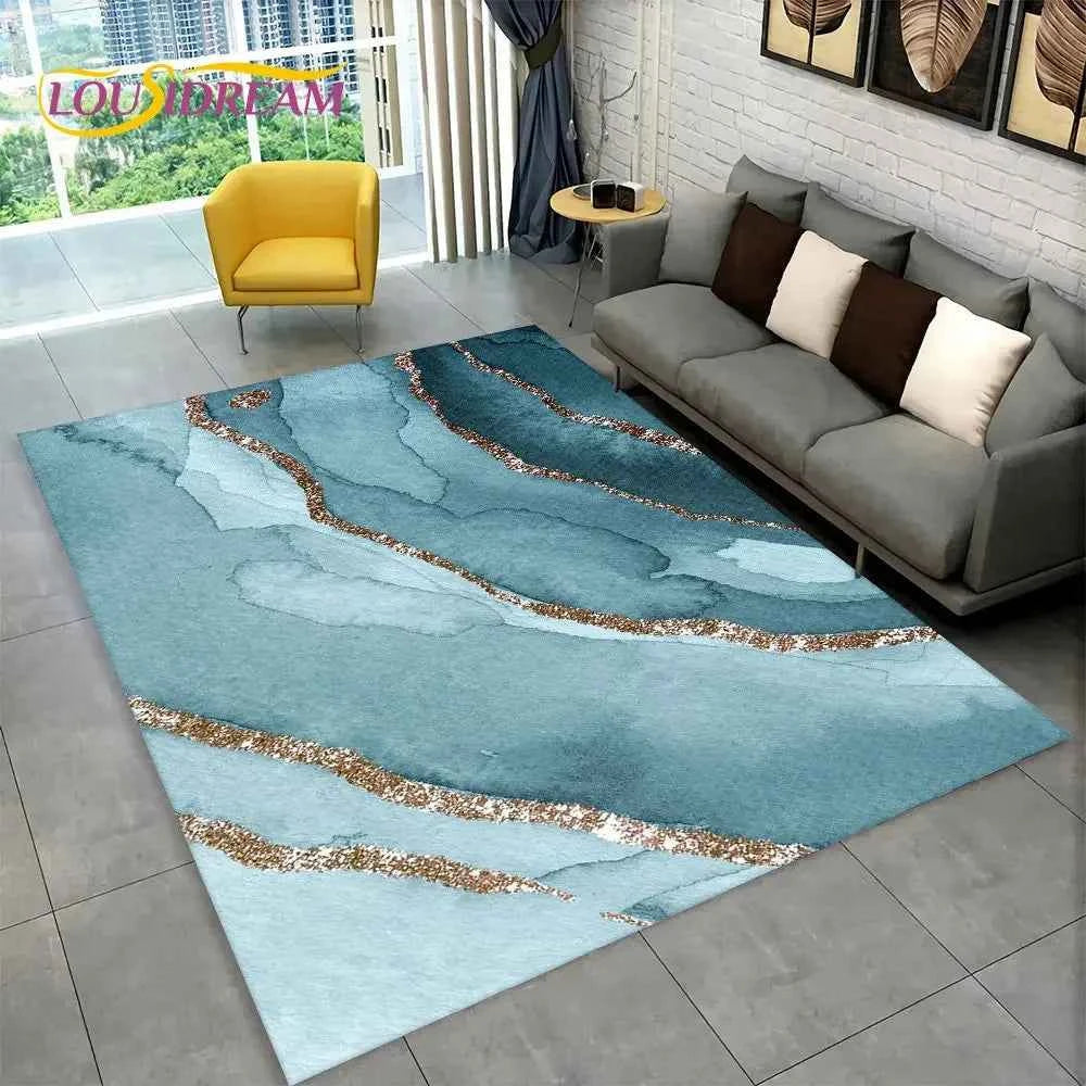 Nordic Blue Golden Colour Marble Geometric Area Rug,Carpet Rug for Living Room Bedroom Sofa Doormat Decor,Kid Non-slip Floor Mat