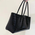 Black Crocodile-Embossed Leather Tote Bag