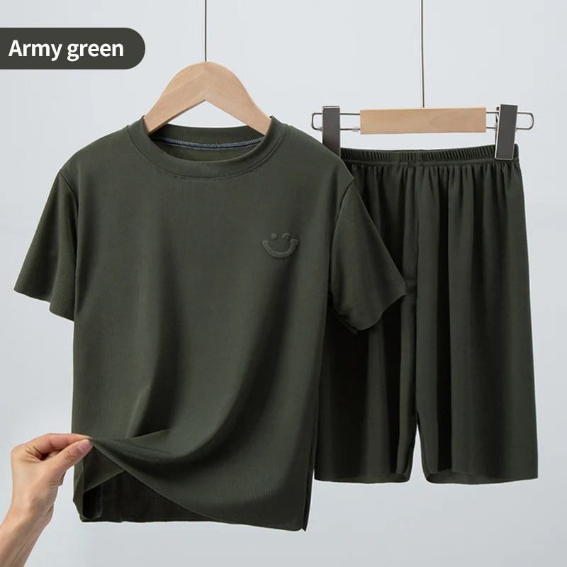 Children's Ice Silk Pajamas, Summer Thin Short Sleeved Shorts, 2-Piece Set of Big Boys and Girls' Home Clothing Set