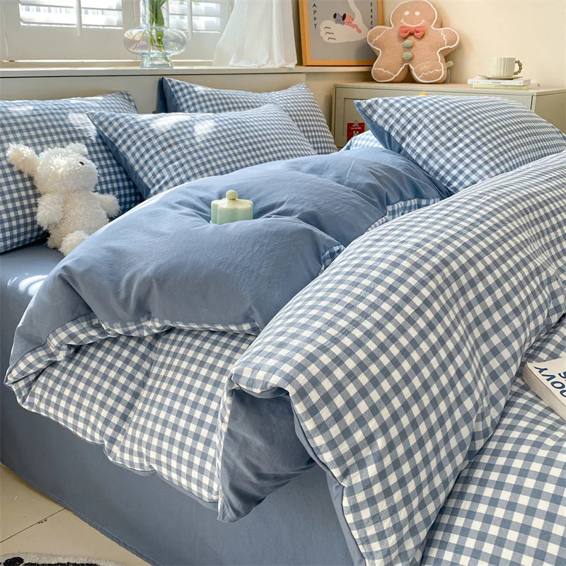 3/4 Pcs Blue Checkered Bedding Set Simple Style Soft Skin Friendly Duvet Cover Flat Sheet and Pillowcases Single Double Bed Sets