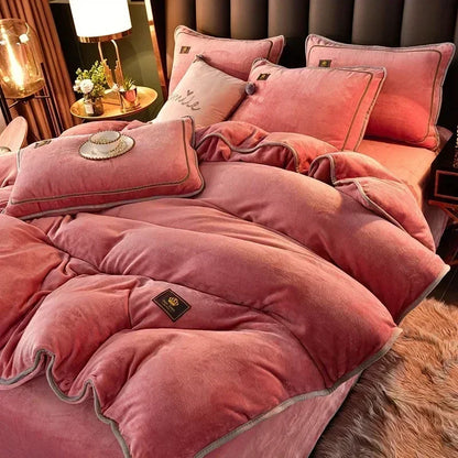High-end Milk Velvet Autumn Winter Warm Duvet Cover Set with Bed Sheet Quilt Cover and Pillowcases Warmth Cozy Bedding Set Queen