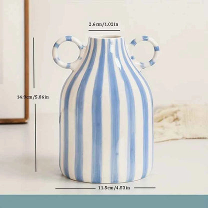 Hand-Painted Ceramic Vase with Dual Handles - Striped, Cylinder Design for Living Room Decor, Earthenware, Decorative Ornaments
