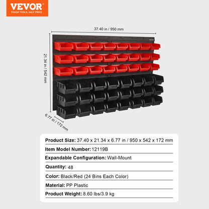 Wall Mounted Storage Bins 30/48Bin Parts Rack Organizer Garage with Wall Panels Hooks Plastic Shop Tool for Screw Nails