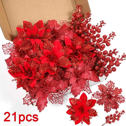 21Pcs Artificial Flowers Berry Bouquet Christmas Decoration Vase for Home Room Decor Fake Flowers Garland Ornament Accessories