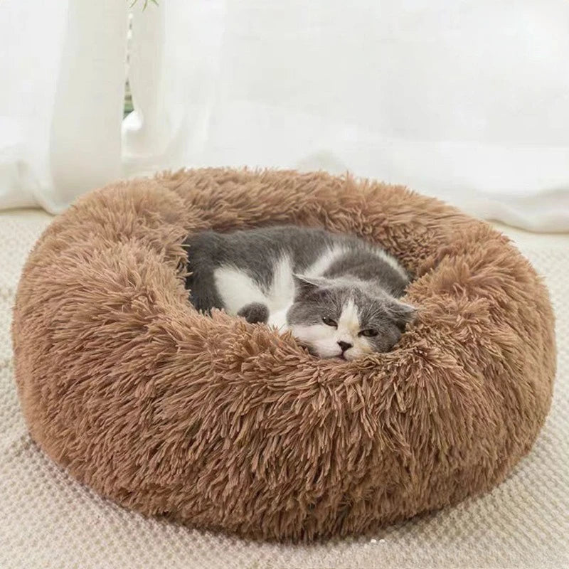 Striped Plush Round Nest Bed for Cats & Dogs