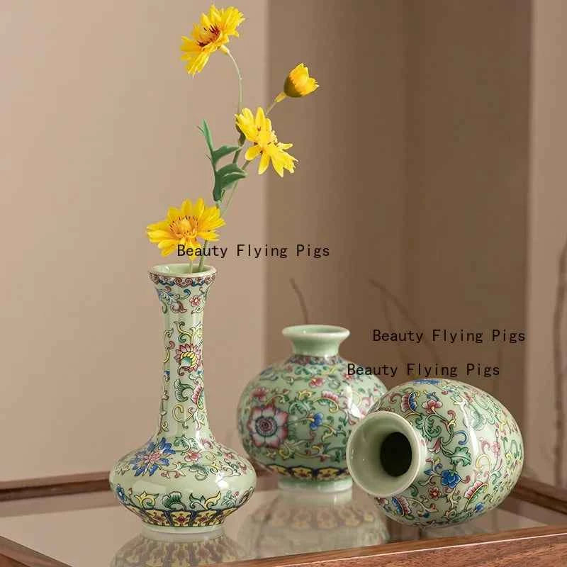 Jingdezhen enamel ceramic flower arrangement Chinese ethnic style living room flower arrangement decoration technology