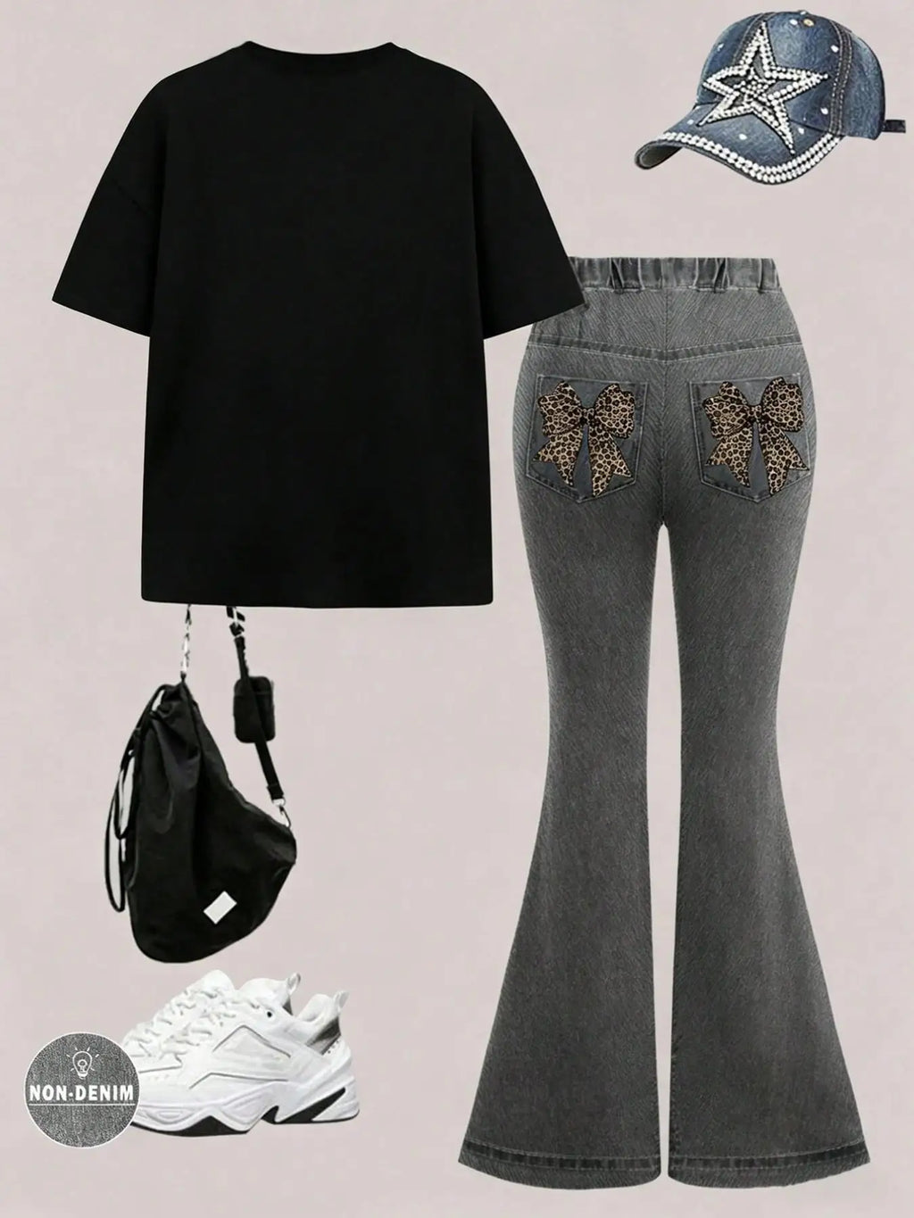 Girls' Summer and Autumn Casual Outfit: Black Short-Sleeve T-Shirt + Faux Denim Flared Pants with Bow Print, Suitable for Girls Aged 4-12, Versatile Clothing for Home and Outings