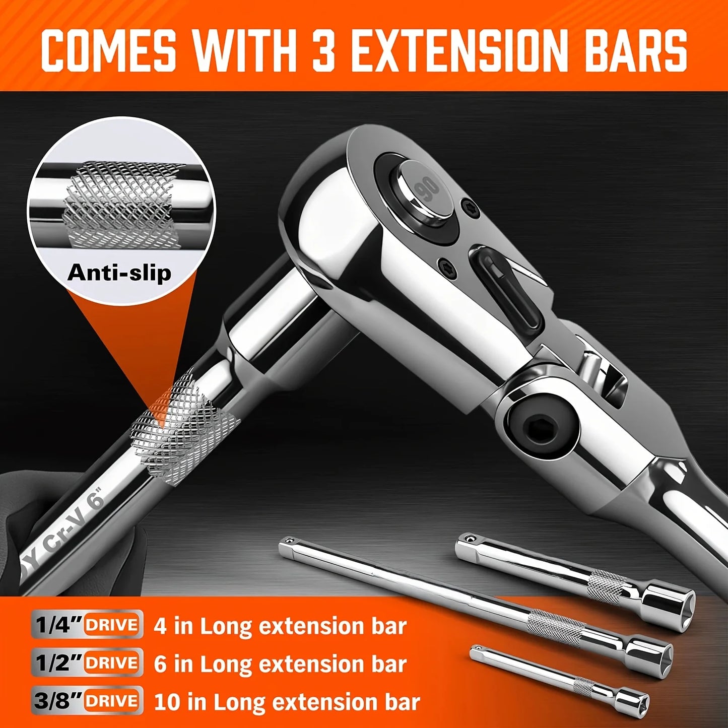 6pcs/3pcs Twist Head Ratchet Set, 1/4", 3/8", 1/2" Drive, Twist Head Ratchet Wrench with Extension Bar, 72 Teeth, 180 °   Adjustable, Quick Release, Flexible Ratchet Handle with EVA Foam.
