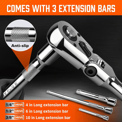 6pcs/3pcs Twist Head Ratchet Set, 1/4", 3/8", 1/2" Drive, Twist Head Ratchet Wrench with Extension Bar, 72 Teeth, 180 °   Adjustable, Quick Release, Flexible Ratchet Handle with EVA Foam.