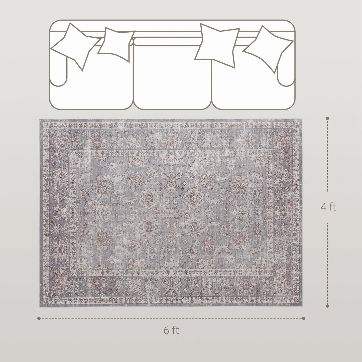 4x6 Traditional Floral Area Rug – Machine Washable Non-Slip Chenille Carpet in Grey & Brown