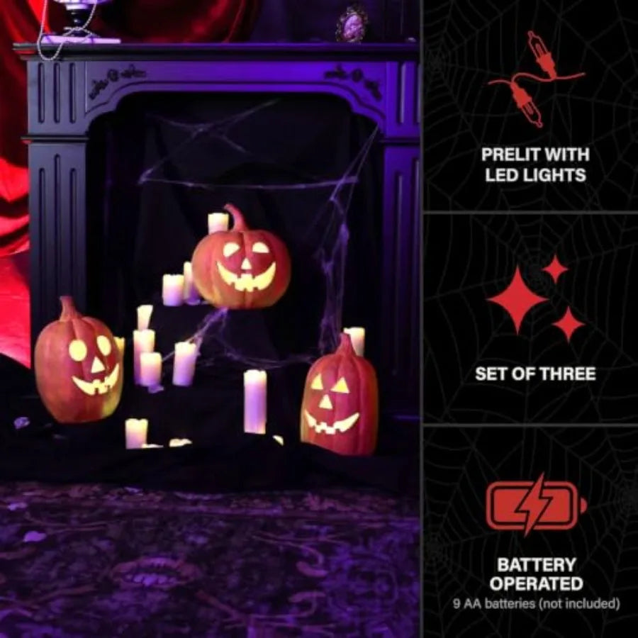 3-Piece Spooky Lighted LED Jack O Lantern Set for Halloween decoration, plastic, orange and black, battery-operated with flicke